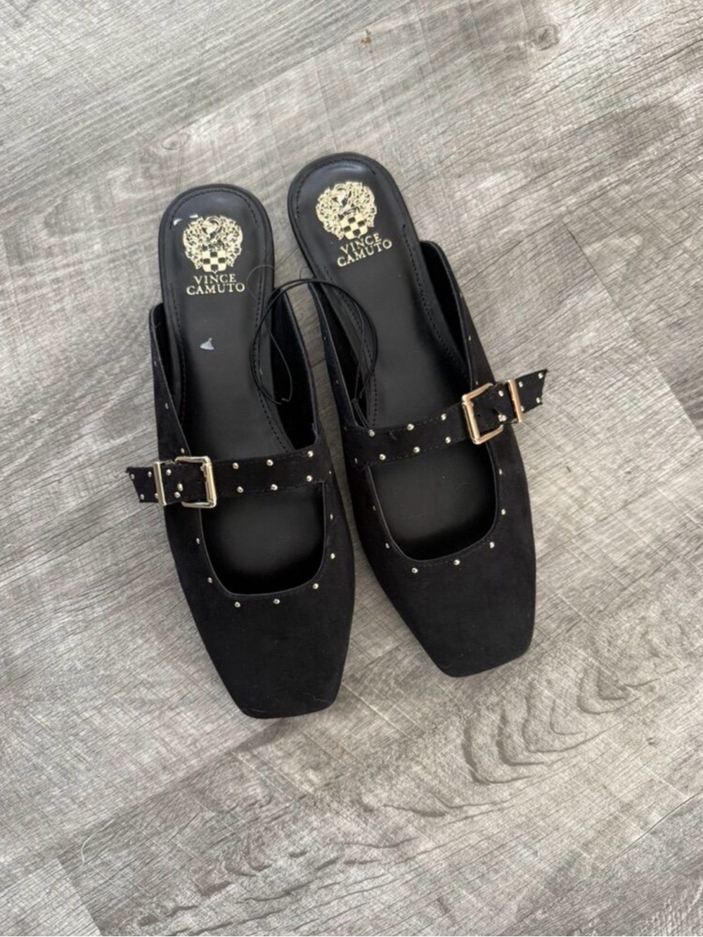 NWOT Vince Camuto Black Studded Mary-Jane Slide Mules with Gold Buckle